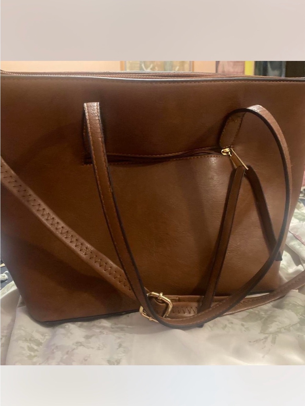 Brown Tote with Gold Bee Emblem and Tricolor Stripe - Picture 2 of 4